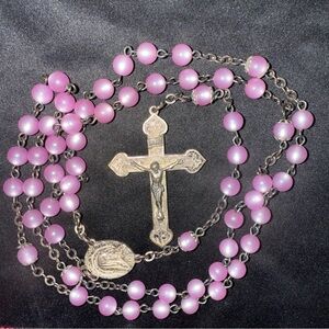 Sterling silver Pink Beaded Rosary beads Necklace Vintage Rare art nouveau